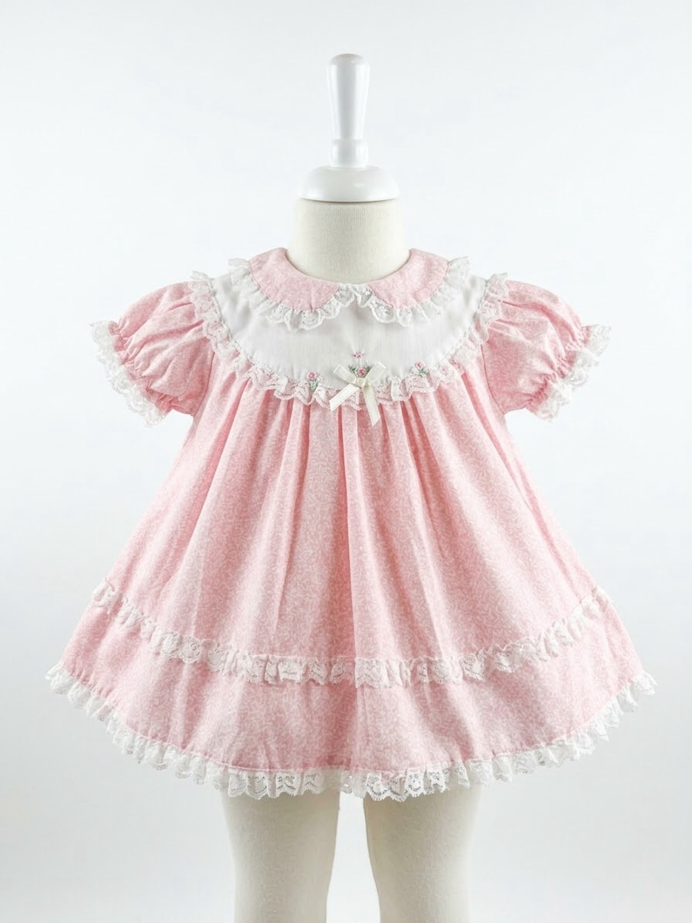 Pink Lace Trim Baby Dress with Embroidered Bib